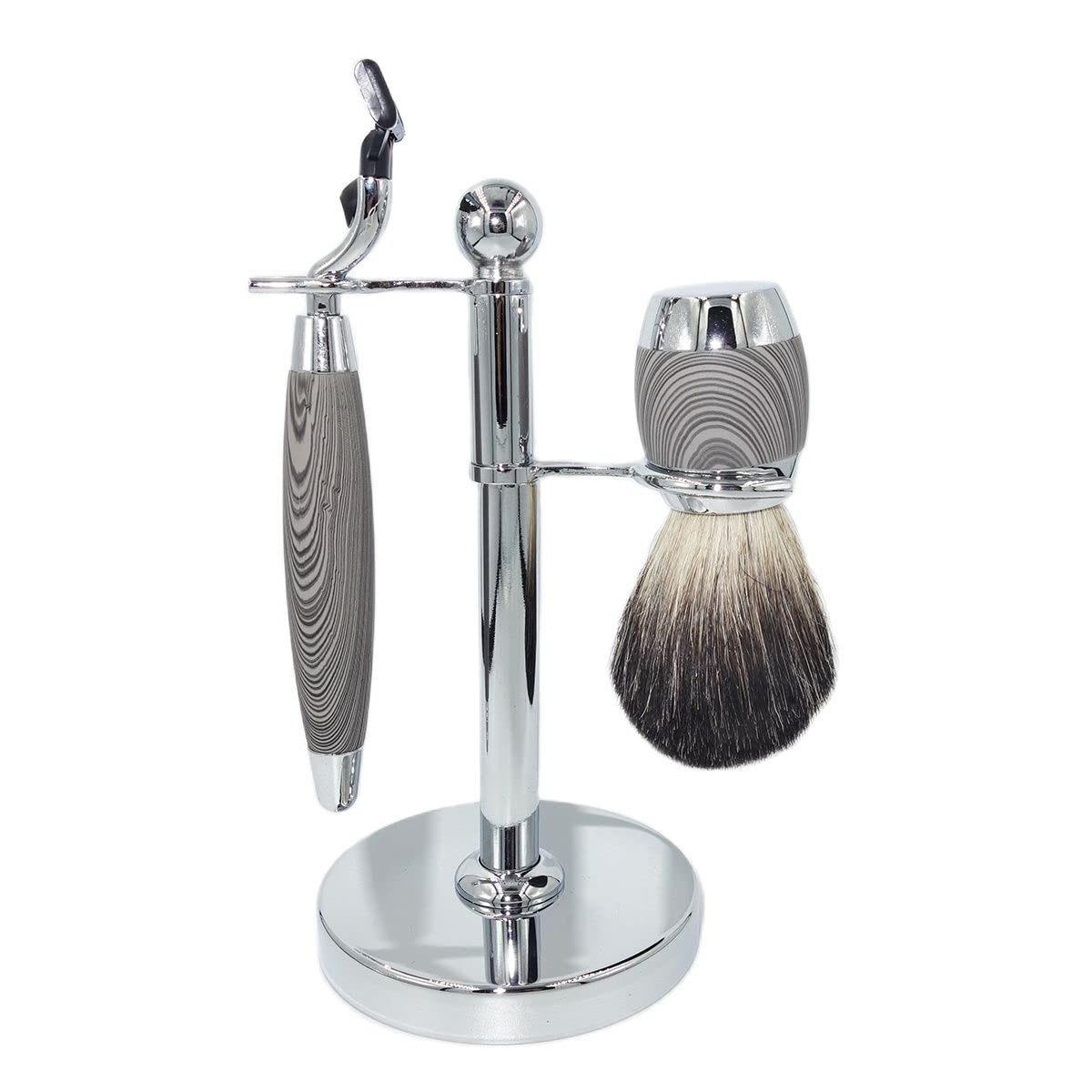 HRTC Soporte para brochas de Afeitar de Acero Inoxidable para Hombres, Soporte para brochas de Afeitar con Mango de Madera de Pelo de tejón, Hoja de Afeitar de Seguridad para Hombre de Moda 3 Cuenco