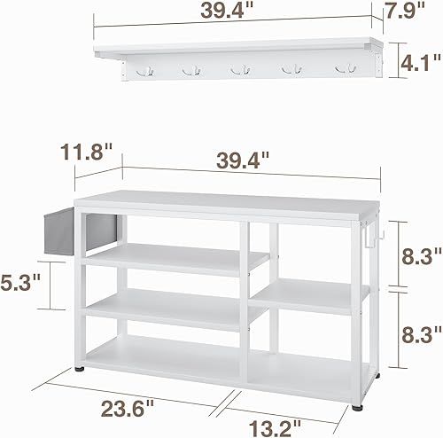 Miniatura 2 de Aiho Hall Tree con banco, juego de perchero 4 en 1, banco industrial para zapatos con 4 ganchos, 5 cubos de almacenamiento para zapatos, para