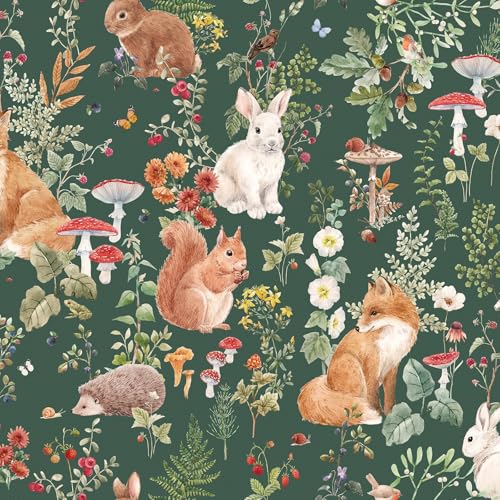 FunStick Papier Peint Fleurs Botanique Vert Vintage Papier Peint Adhesif Mural Chambre Enfant Papiers Peints Fleuri Vert Forêt Renard et Écureuil Rouleau...