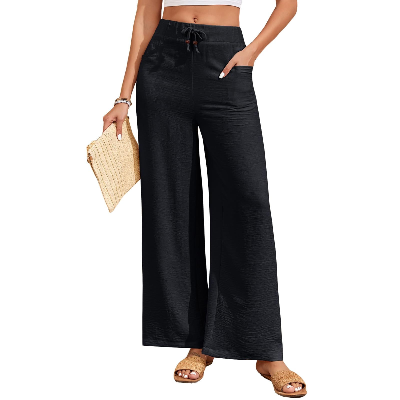 ALSOGO Womens Palazzo Pants Dressy Drawstring Elastic Waist Casual Wide Leg Trousers with Pockets 2025 Summer