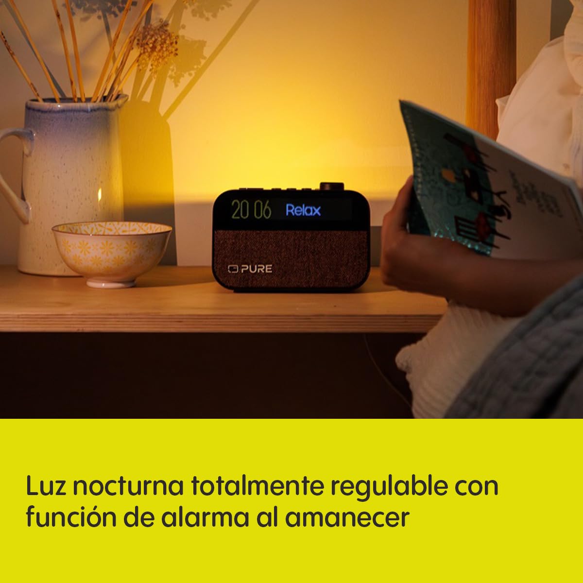 Pure Moment Reloj Despertador para Mesita de Noche y Oficina (Radio Digital Dab+/FM, Bluetooth, Máquina de Ruido Blanco, Ayuda para Dormir, Luz Despertador, Luz Nocturna, Pantalla Regulable) Negro