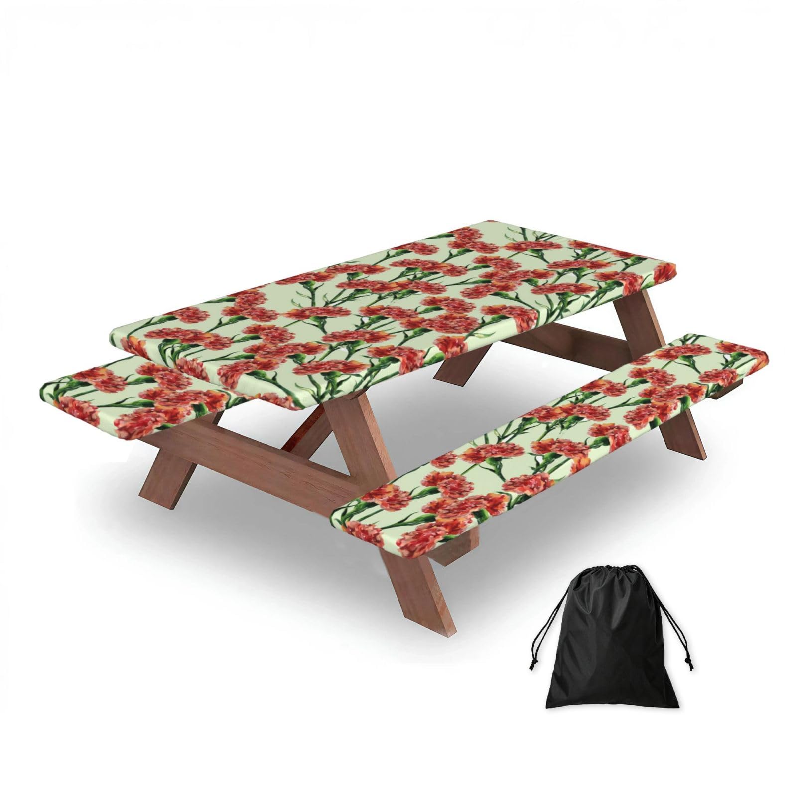 Dopklna As Picture Carnation, Picnic Table Cover With Bench Covers -Waterproof Elastic Fitted Tablecloth For Garden Camping Patio 76X152cm