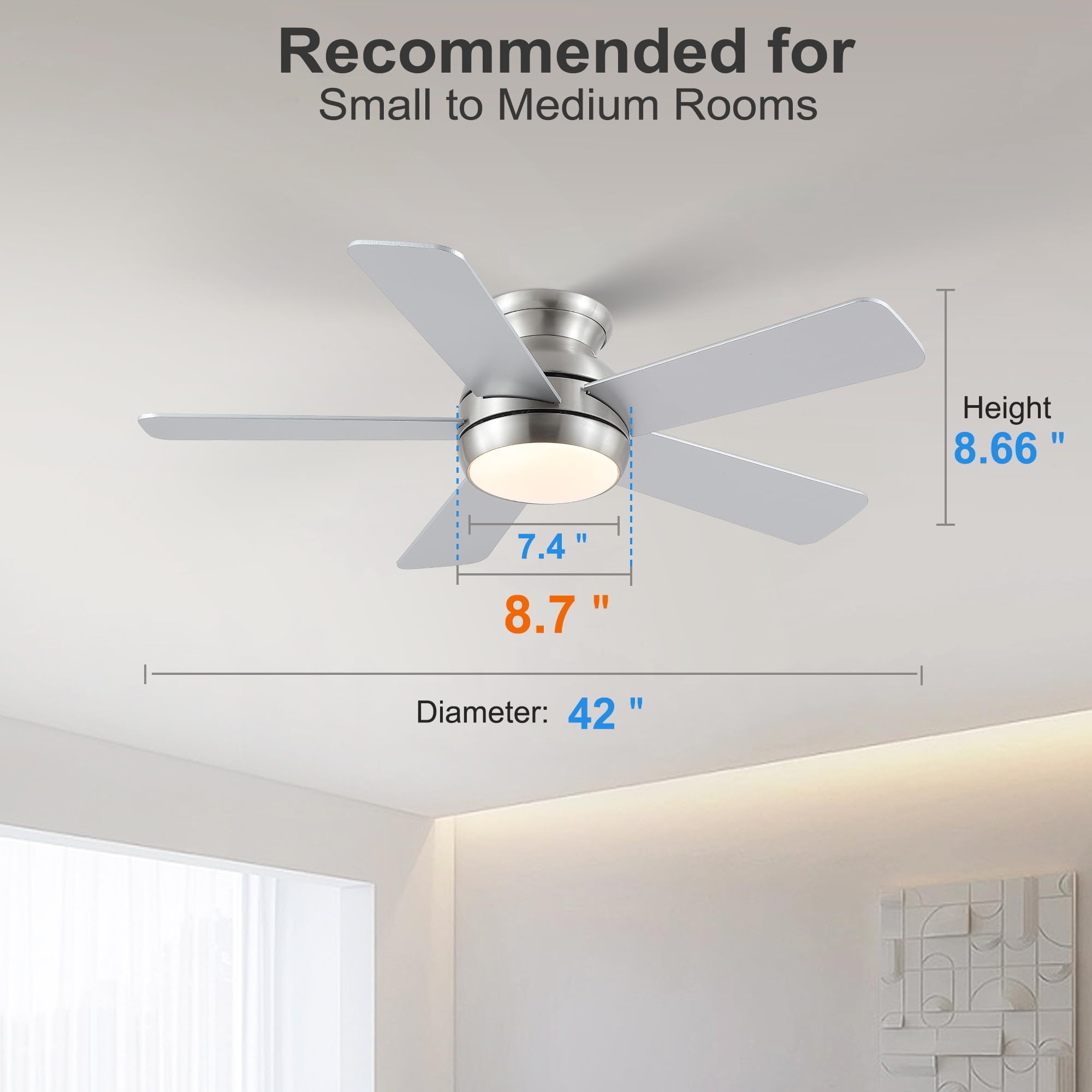Ventiladores de techo de níquel cepillado de 42 pulgadas con luces y control remoto, ventilador de techo LED de bajo perfil para dormitorio, sala de estar, patio, motor de CC silencioso, 5 4