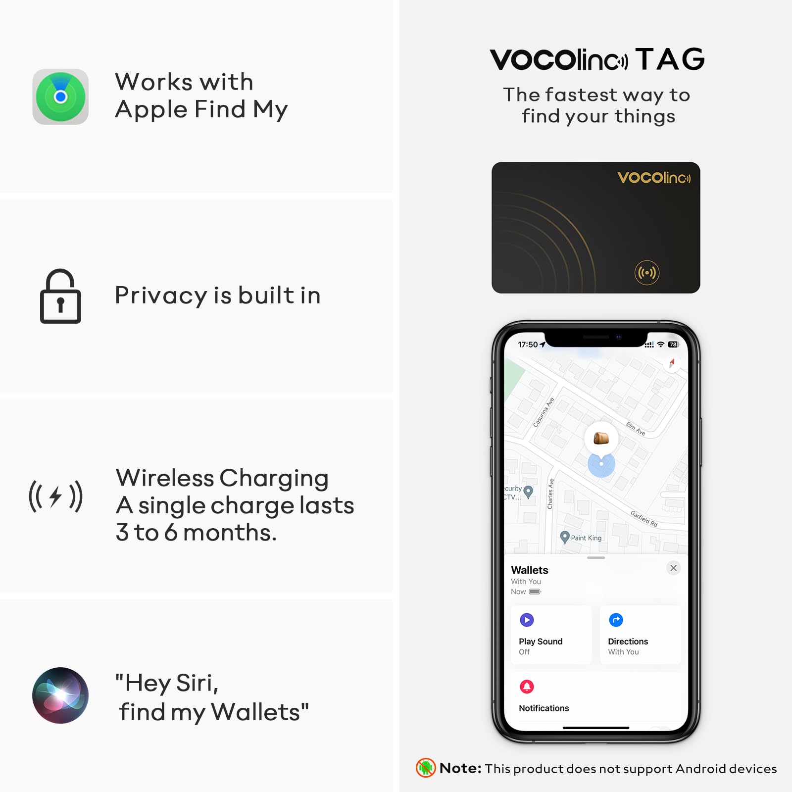 [Apple MFi Certified] VOCOlinc Air Tag Card Rechargeable Wallet Tracker 1.6mm, Item Finder Work with Apple Find My APP (iOS Only, Android not Supported), Bluetooth Locator for Luggage, Suitcase, Bags