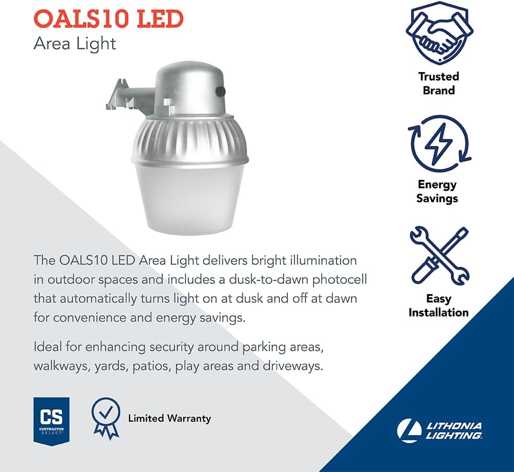 Lithonia Lighting LED Outdoor Flood Light Fixture, Exterior Dusk to Dawn Security Light with Photocell Sensor, Pole or Wall Mount, 3500 Lumens, 5000K Daylight, Gray (OALS10)