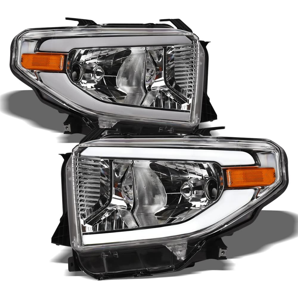 TLAPS 7422446628632 Compatible With 2014-2021 Toyota Tundra SR / SR5 / Limited/TRD PRO DRL LED Strip Bar Chrome Housing Headlights With Amber Reflector