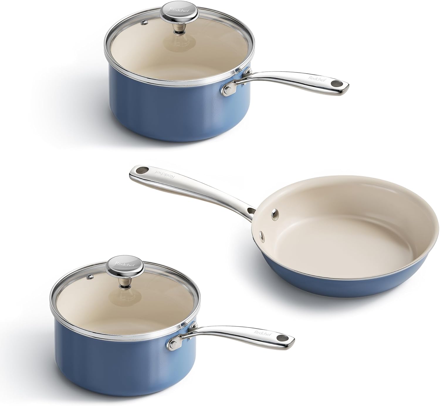 Redchef Nonstick Mini Cookware Set, 8" Ceramic Fry Pan, 2.5QT Small Saucepan with Lid*2,Cooking Pot with Stay-Cool Handles, Compatible All Stovetops, PFAS PFOA & PTFEFree (Blue)