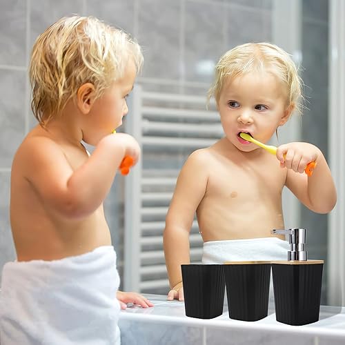 Miniatura 2 de Juego de 9 accesorios de baño negro, basurero, bandeja, dispensador de jabón, portacepillos, vaso, jabonera, cepillo para inodoro y portahisopos,