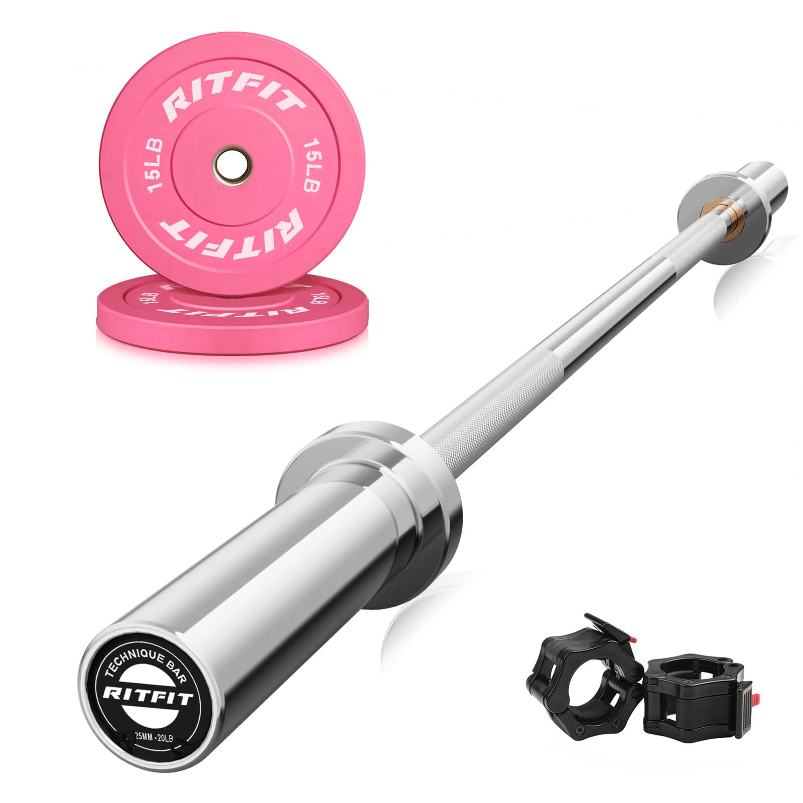 RitFit Barbell Weight Set - 4/6FT Olympic Barbell with Weight Plates (55-115LB Total) - Weightlifting Equipment for Squats, Curls, Deadlifts, Presses, Hip Thrusts 4FT Silver Bar with 30LB Pink Plates