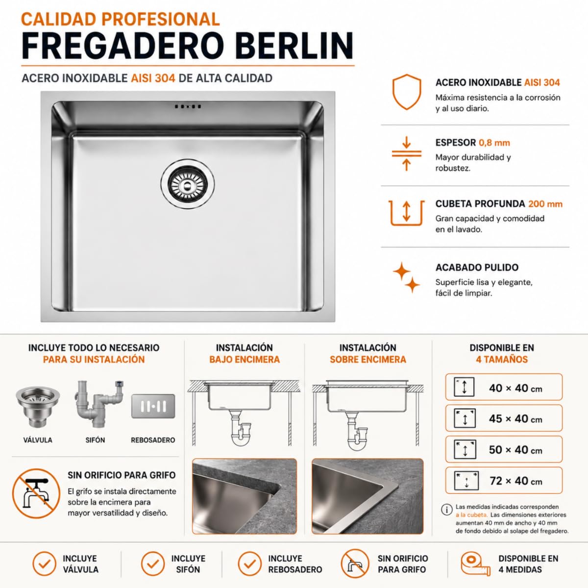 Fregadero Bajo Encimera Acero Inoxidable AISI 304 Serie Berlin | Profundidad 200 mm | Incluye Válvula, Sifón y Rebosadero (50x40 cm)