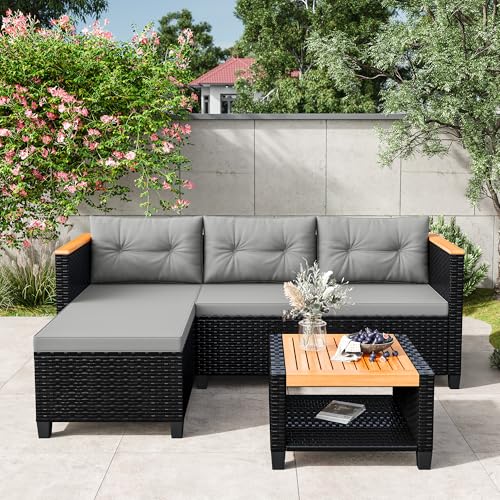 Wisteria Lane 3-Piece Patio Furniture Set, All-Weather PE Rattan Outdoor Sectional with Storage Table, L Shape Outdoor Couch with Cushions, Small Wicker Patio Furniture for Balcony Garden, Grey