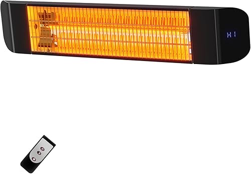 Calentador infrarrojo de carbono de 1500 W, color negro, impermeable IP65 con control remoto, 2 niveles de potencia y montaje en pared para patios,