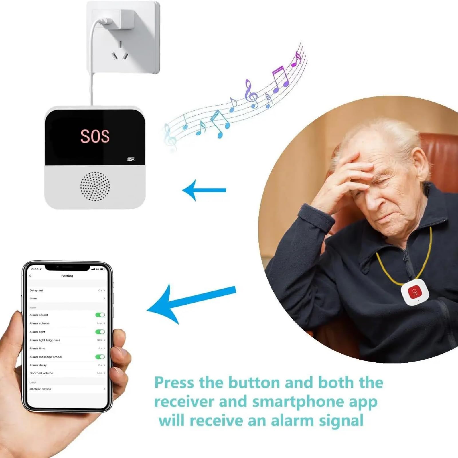 Pulsante antipanico WiFi Cercapersone per Anziani Chiamata Intelligente Monitoraggio in Tempo Reale Pulsante di avviso di Emergenza SOS con Sistema di Allarme Domestico,3sos