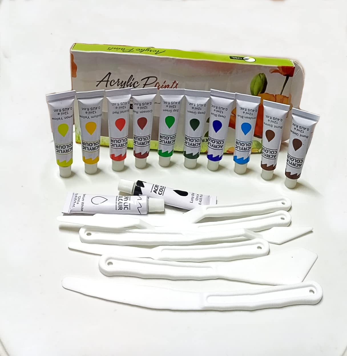 Acrylic Paint Set- 12 Vivid Colors Includes 6 Palette Knife- Supplies for Beginners, Students & Professionals, ideal for Canvas, Wood, Fabric, Ceramic & More (D.U)