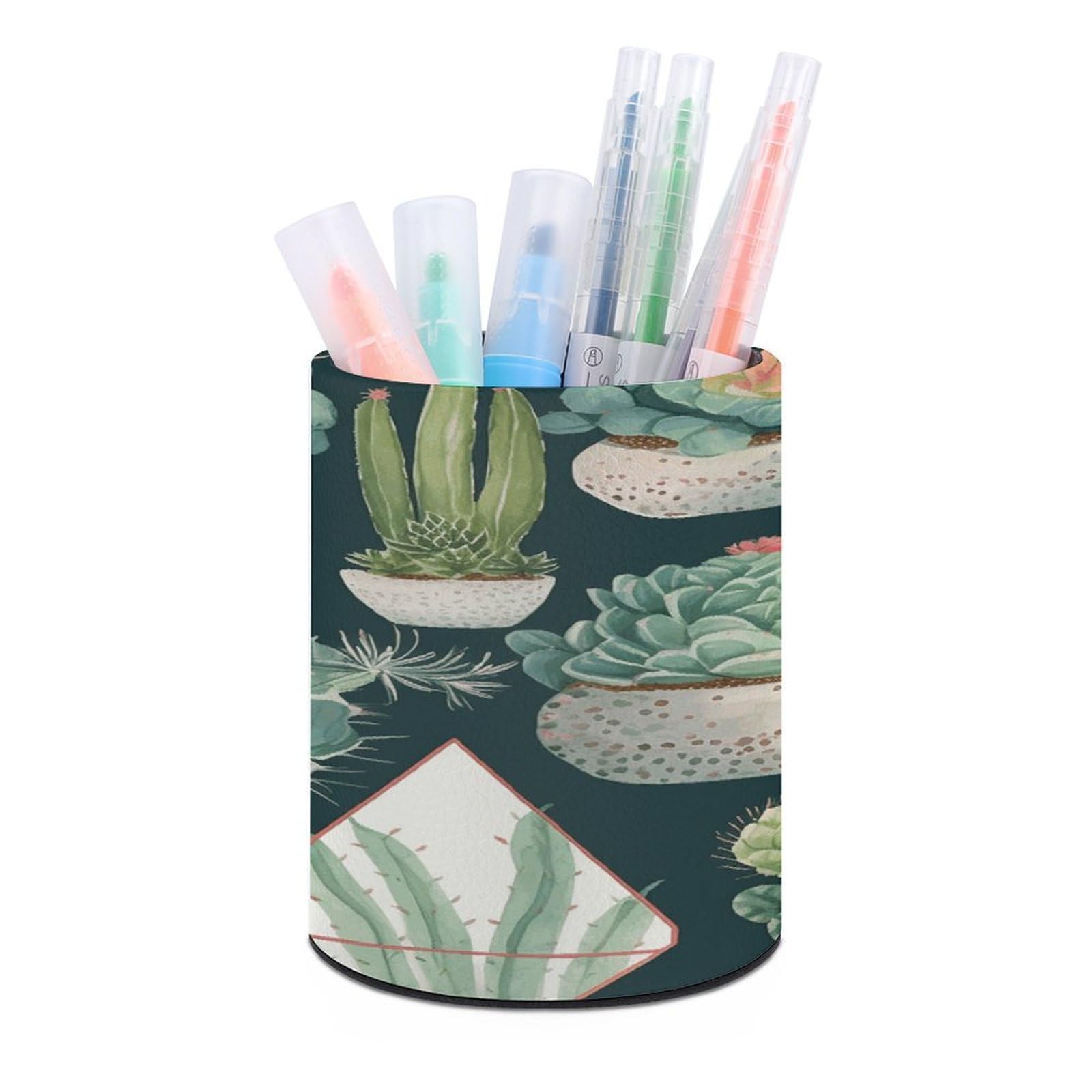 VstaDank Succulent Plants And Cactus Pen Holder PU Leather Pencil Cup Minimalist Desk Pencil Holder Round Make Up Brush Organizers For Office Dorm Room&Vanity Desk Accessories