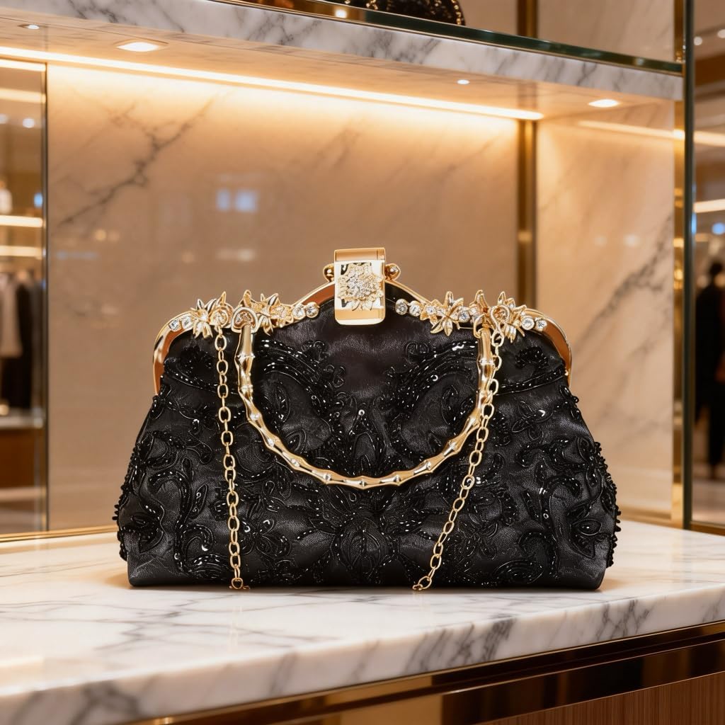 Evening Clutch Bag for Women Detachable Chain Strap Top Handle Beaded Evening Bag