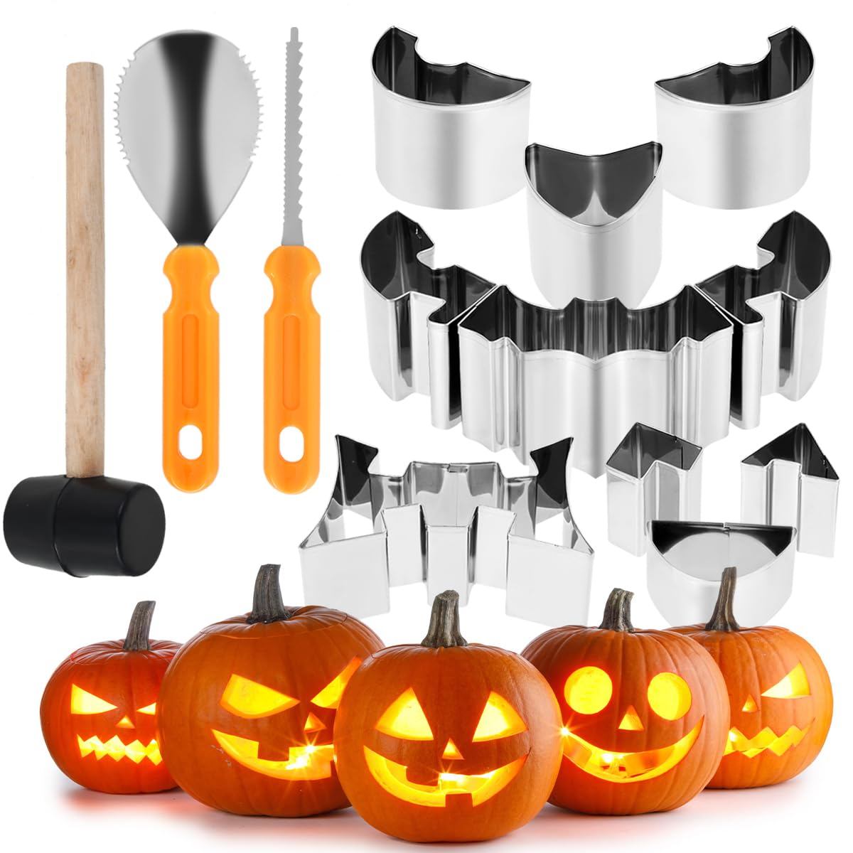 13Pcs Halloween Pumpkin Carving Kit Heavy Duty Stainless Steel Pumpkin Carving Tools Professional Halloween Pumpkin Carving Tools Set with Spoon Cutter Hammer and 10 Carving Moulds for Kids Adults