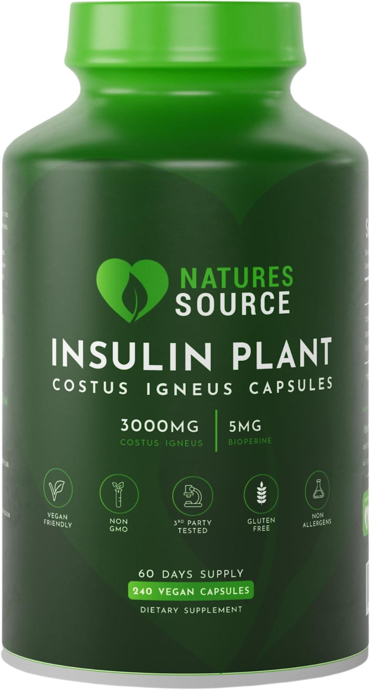 Nature's Source Insulin Plant Capsules (Costus Igneus) - Complete Blood Sugar Support Program Including Costus Igneus Capsules, Cookbook, Diet & Workout Plan - 60 Day Supply - Made in The USA