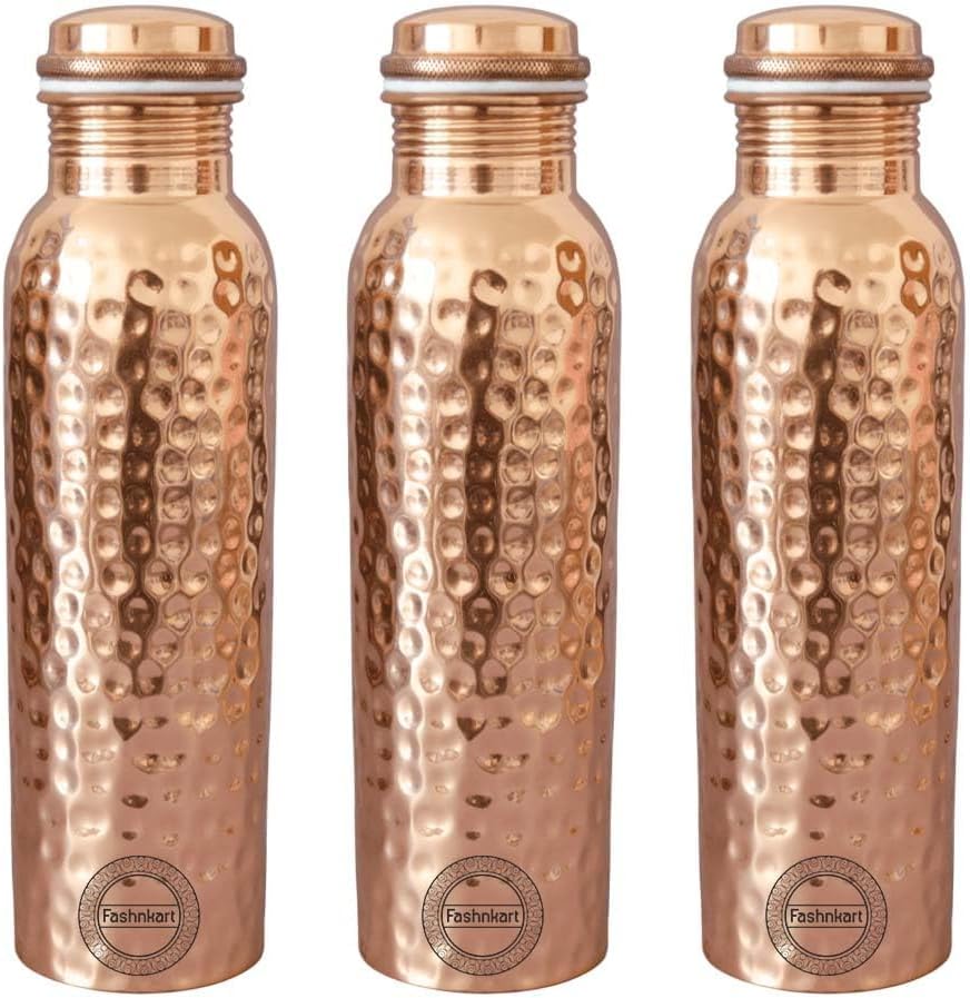 Pure Copper Water Bottle Hammered 25.36 oz Leak Proof Design Vessel Ayurveda Health Pitcher for Fitness Sports Yoga 750 ml Set of 3