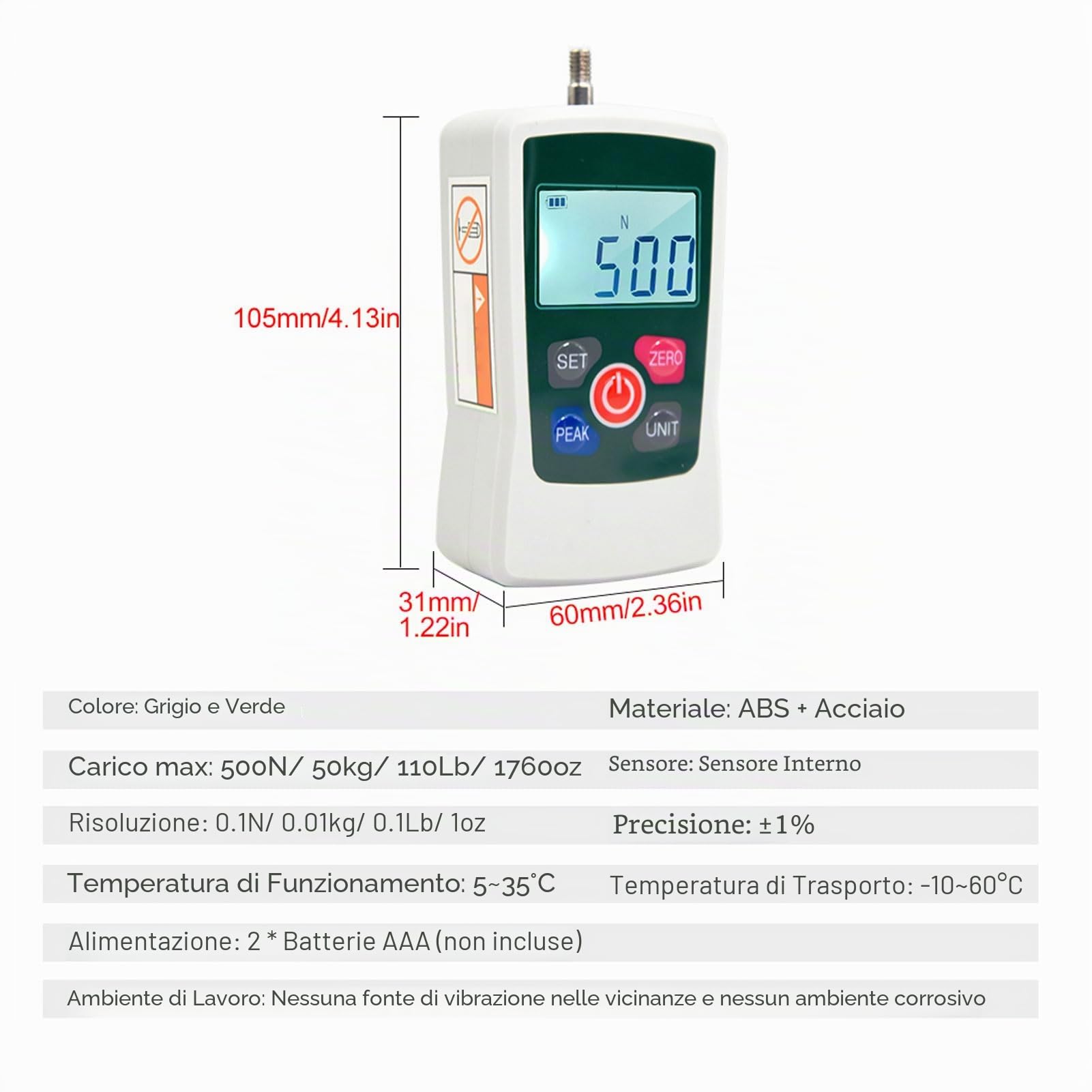 Dinamometro Digitale 500N Misuratore Push Pull Portatile Con Schermo Retroilluminato 3 Modalità Di Misurazione Per Applicazioni Industriali E Tecnica