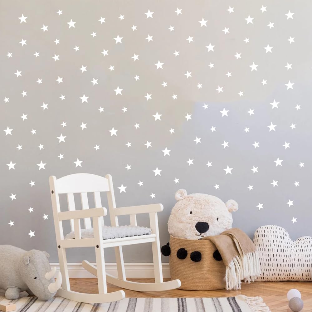 Wall Decals White Stars for Kids Room, 3-4-5centimeter Mix 112 Pcs, Easy to Peel Easy to Stick, Safe On Walls and Paint, Vinyl Decor by Bugybagy. (Matte White)
