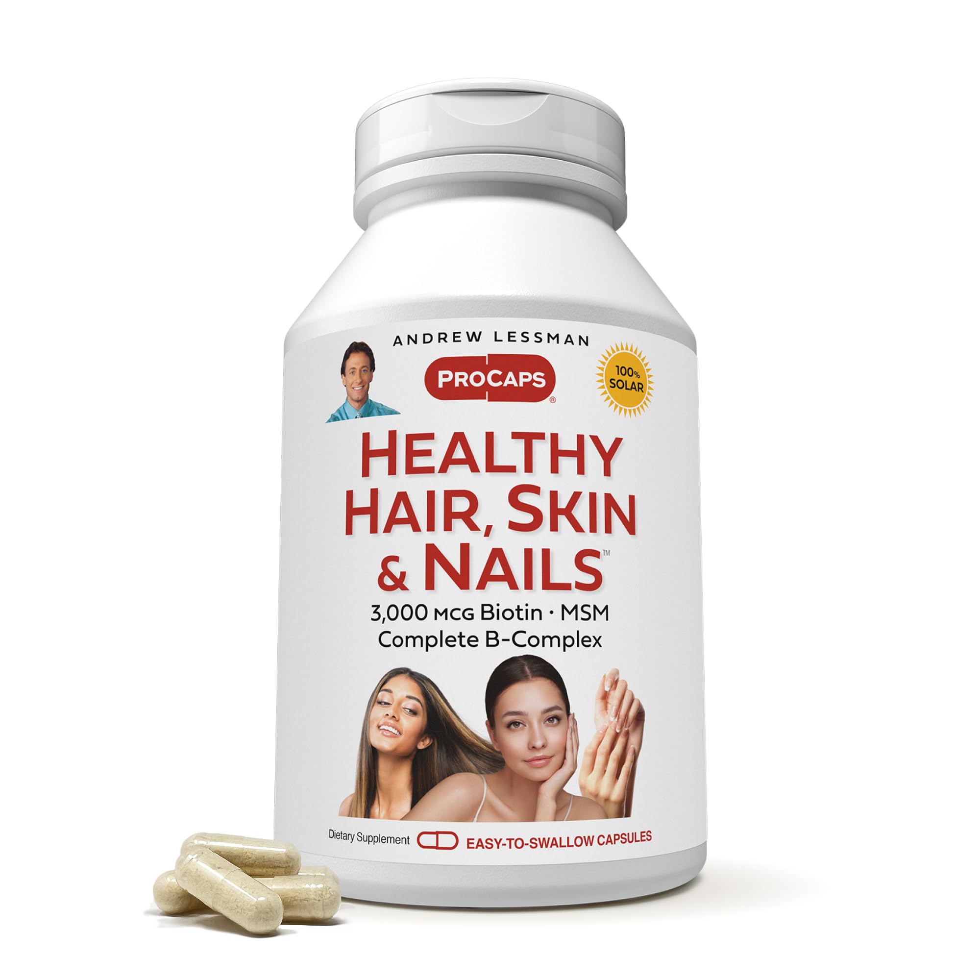 ANDREW LESSMAN Healthy Hair, Skin and Nails 60 Capsules - 3000 mcg High Bioactivity Biotin, B-Complex. Promotes Beautiful Skin, Strong Nails. No Additives Hair Growth Vitamins Biotin Supplement