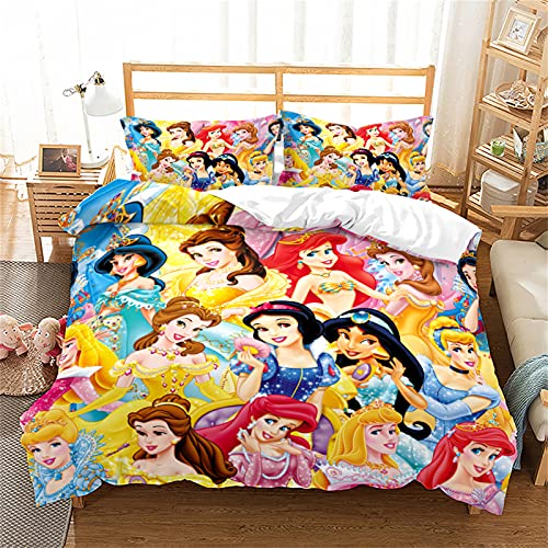 LKFFHAVD Disney Princess 3D Juego de ropa de cama infantil de microfibra 3D, dibujos animados de Blancanieves, Bella Cenicienta, Rapunzel, funda nórdica con funda de almohada (135 x 200 cm, 3)