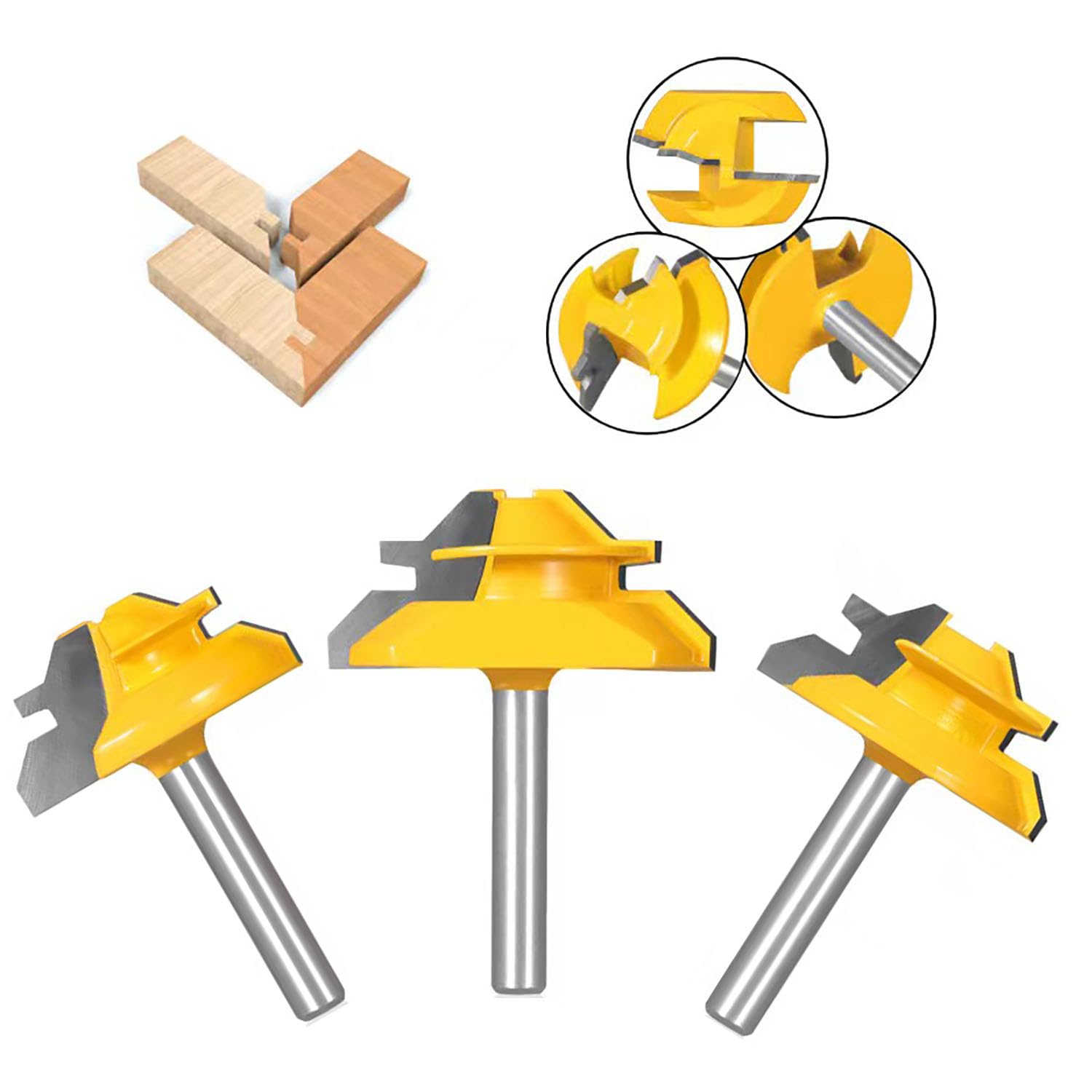 45 Degree Lock Miter Router Bit 3-Piece Set, for 31/64", 37/64",3/4" Cutting Height, 1/4 Inch Shank.Woodworking Tools Joint Router Bits (3PCS 1/4 Shank) (3PCS 1/4 Shank)
