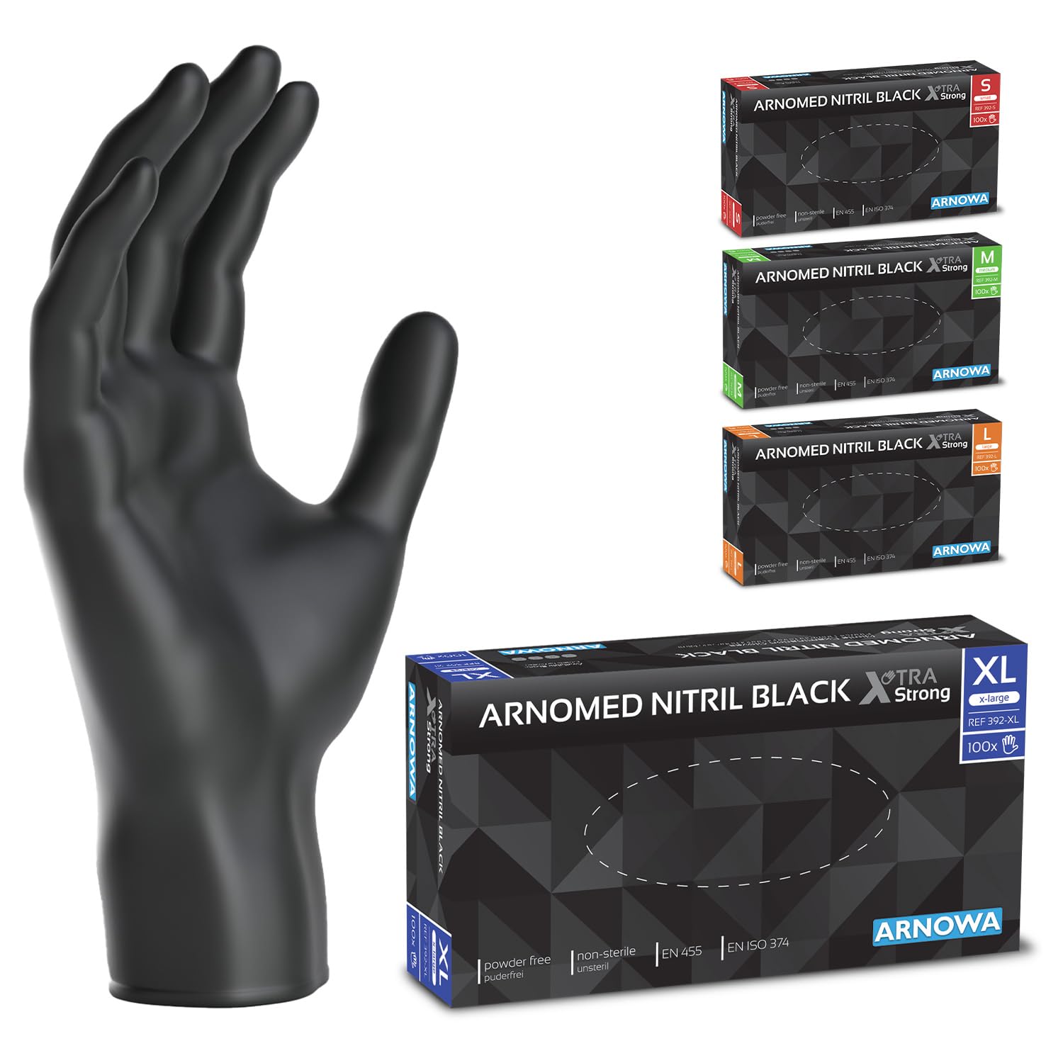 ARNOMED Einweghandschuhe Schwarz Extra Stark, Einmalhandschuhe XL, 50% dickere Nitrilhandschuhe, 100 Stk./Box, Handschuhe Einweg puderfrei, latexfreie Gummihandschuhe, Einweghandschuhe in S, M, L & XL