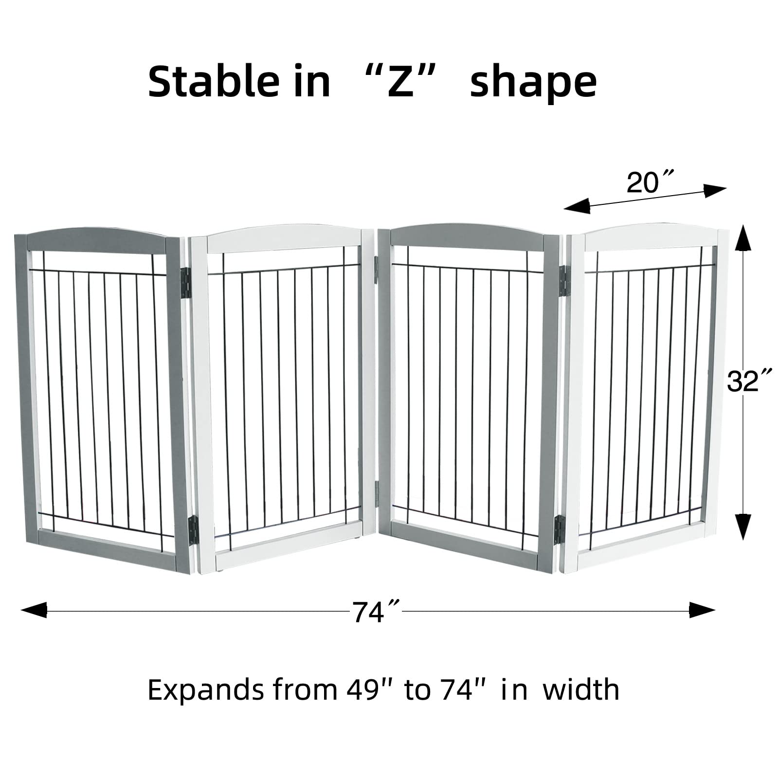 ZJSF Freestanding Foldable Pet Gate for Dogs,Wooden Dog Gate for The House, 4 Panel Tall Dog Fence,Stairs,White