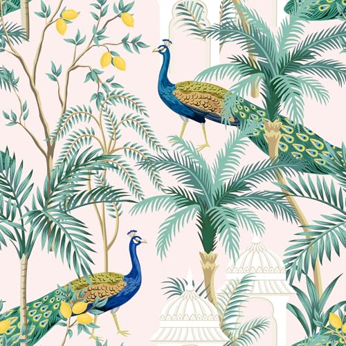 VaryPaper Papel Pintado con Pavos Reales y Palmeras Tropicales 44.5cmx200cm Vinilo Adhesivo Muebles Vintage Papel de Pared Decorativo Salon Dormitorio Pasillo Vinilos para Armario Estantes