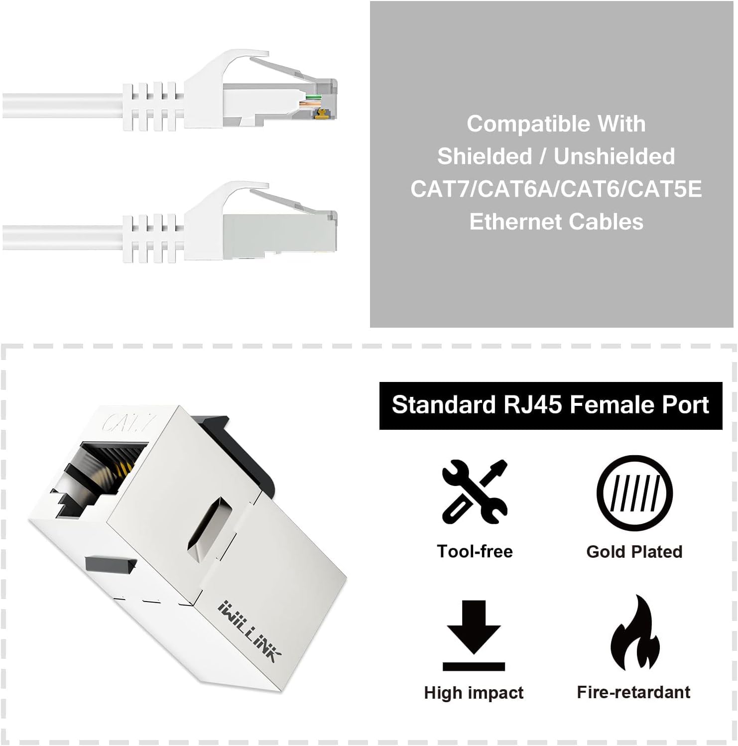 iwillink Lot de 25 coupleurs blindés RJ45 Keystone 10 Gbit/s CAT7 | Coupleur Ethernet, prise Keystone femelle vers femelle, insert STP Keystone pour câble Cat7/Cat6a/Cat6/Cat5e