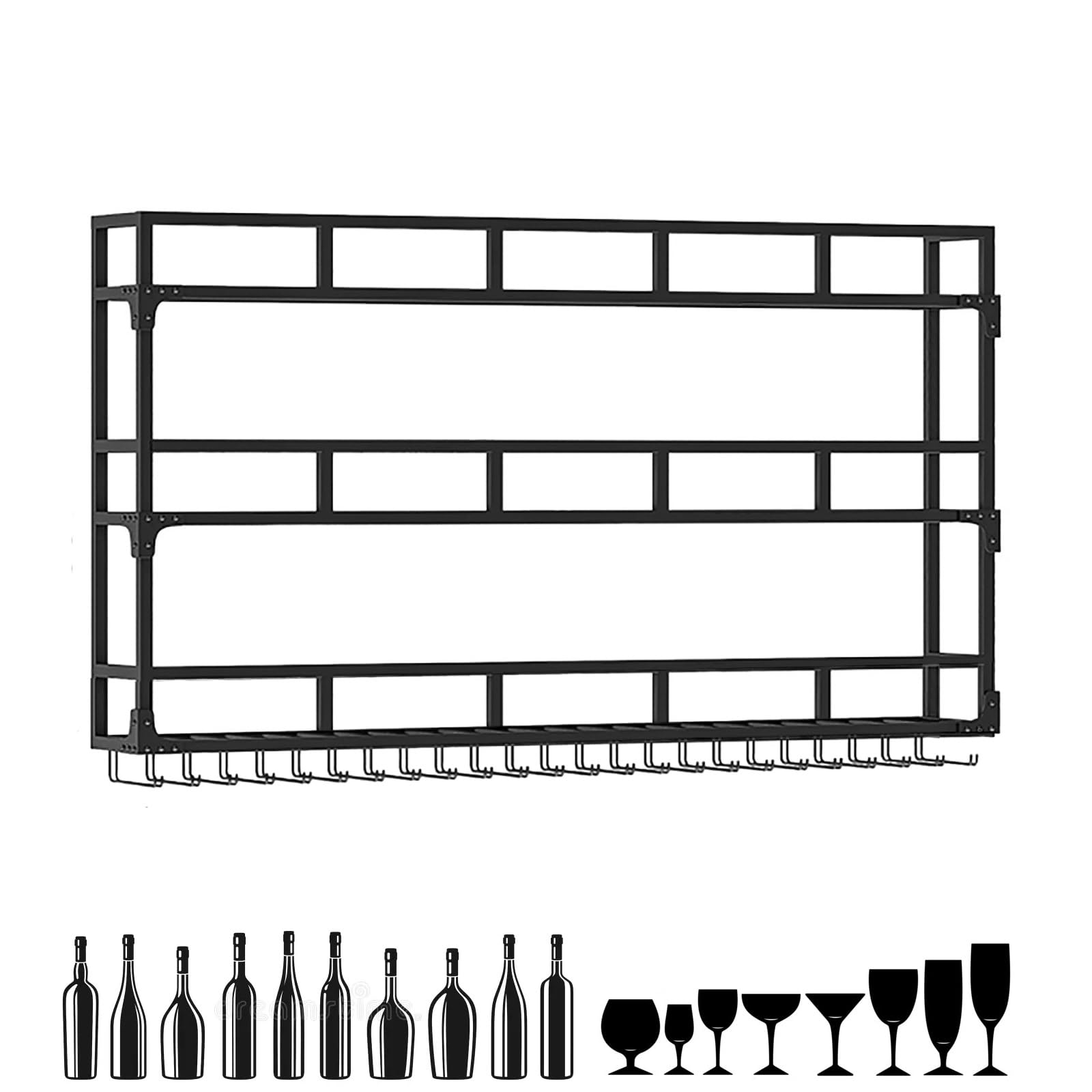 Étagère à vin murale en fer à 3 niveaux avec porte-verre pour bar