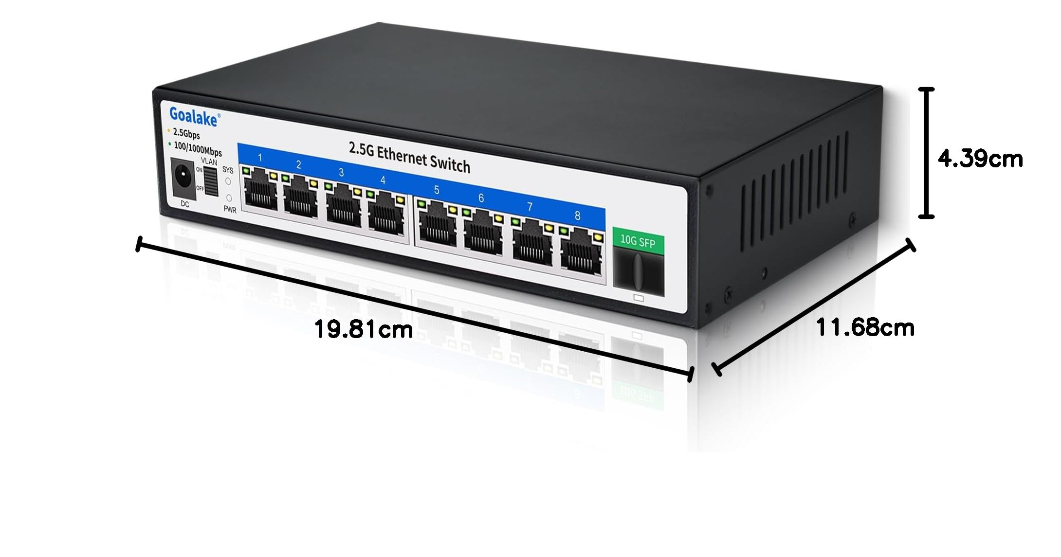 Goalake Umanaged 8-portowy przełącznik 2,5G, 8 portów Base-T 2,5 G, 1 x 10G SFP+, pojemność przełączania 60 Gb/s, metal, bez wentylatora, przełącznik biurkowy 2,5 G Multi-Gigabit do bezprzewodowego AP