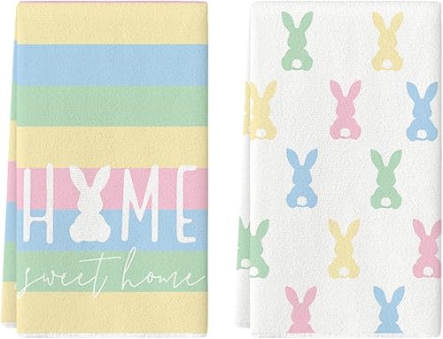 Artoid Mode Juego de 2 toallas de cocina de Pascua con diseño de conejito de rayas 18 x 26 pulgadas decoración de temporada