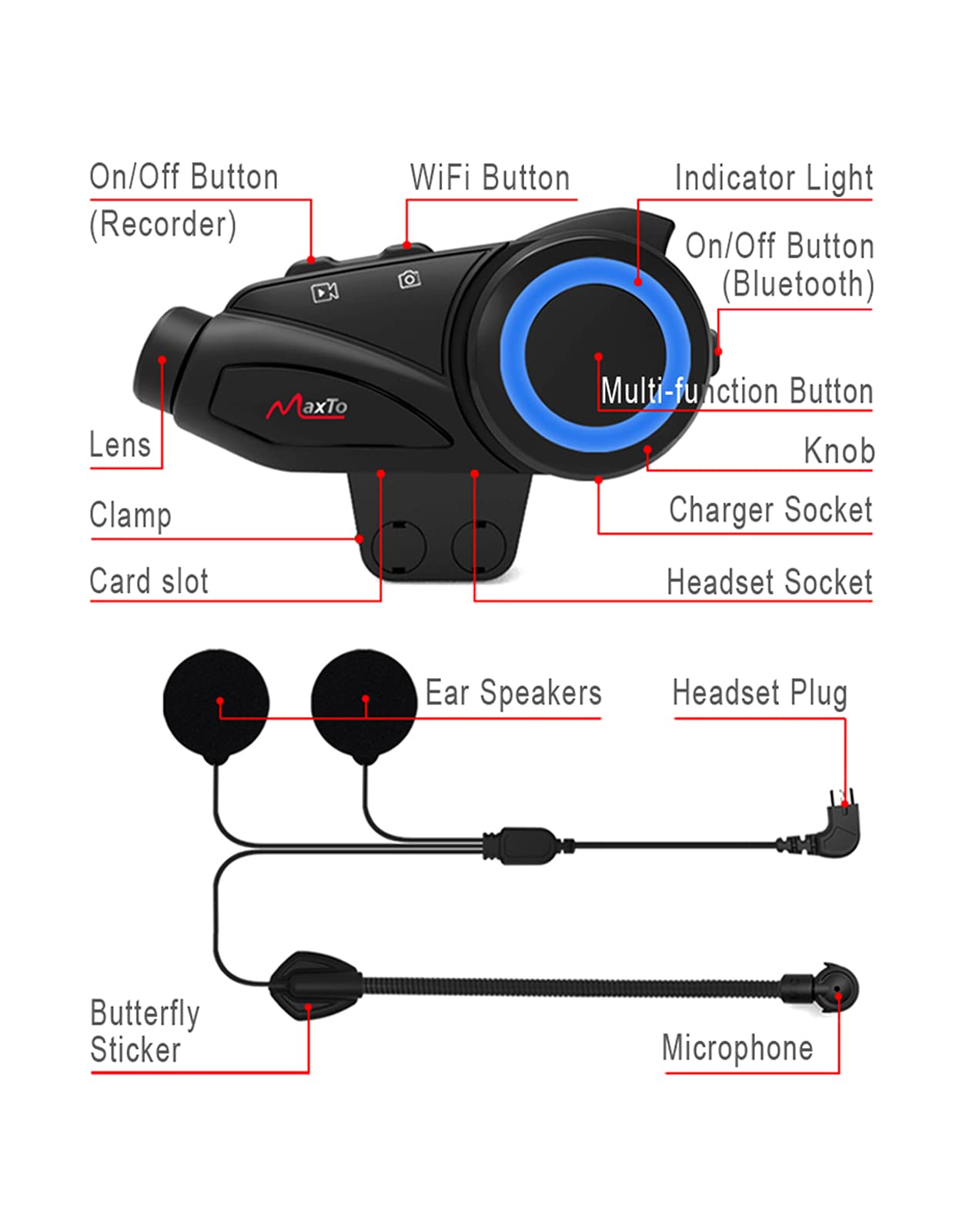 MAXTO M3 Intercomunicador Bluetooth para Casco de Moto con Cámara | Alcance 1000m para 6 motoristas, asistente vocal, impermeable, navegación GPS, compatible tarjeta TF hasta 128G