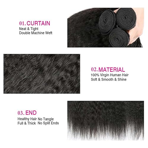 Miniatura 3 de Yaki - Paquetes de cabello humano lacio de 26, 26, 26 y 26 pulgadas, paquetes de cabello humano brasileño virgen, paquetes de cabello humano