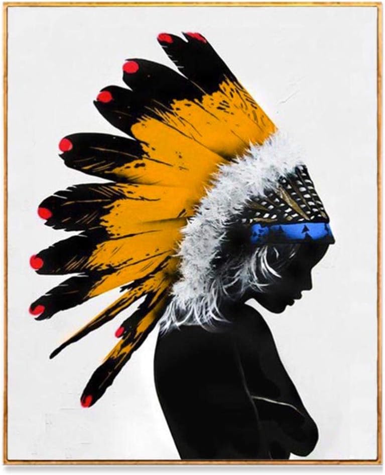 100% Hand Painted Oil Painting On Canvas Beautiful Abstract Indian Headdress Girl Artwork for Home Wall Decor Unframed (16x20 inch)