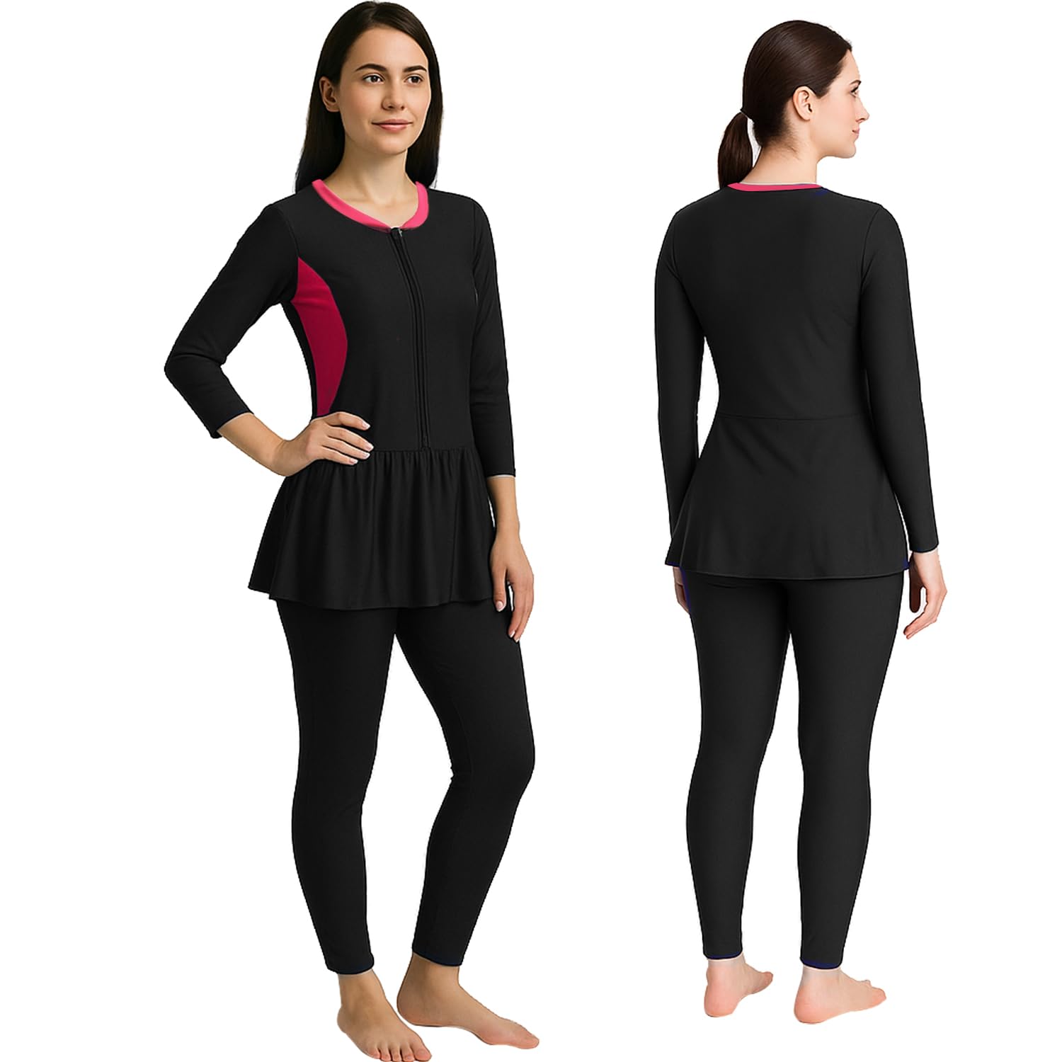 HACER Frock Style Swimwear with Padde Full Sleeve Bodysuit Swimming Costume Full-Length One Piece Swimsuit for Pool Beach Women (XL, 38, Black)-image-3
