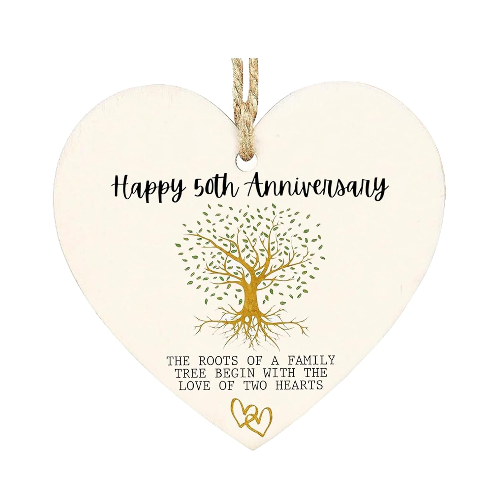 50th Golden Wedding Anniversary Hanging Gift, Heart-Shaped Wooden Keepsake, 50th Wedding Anniversary Decorations With the Roots Of A Family Tree Begin With The Love Of Two Hearts, Gifts for Parents