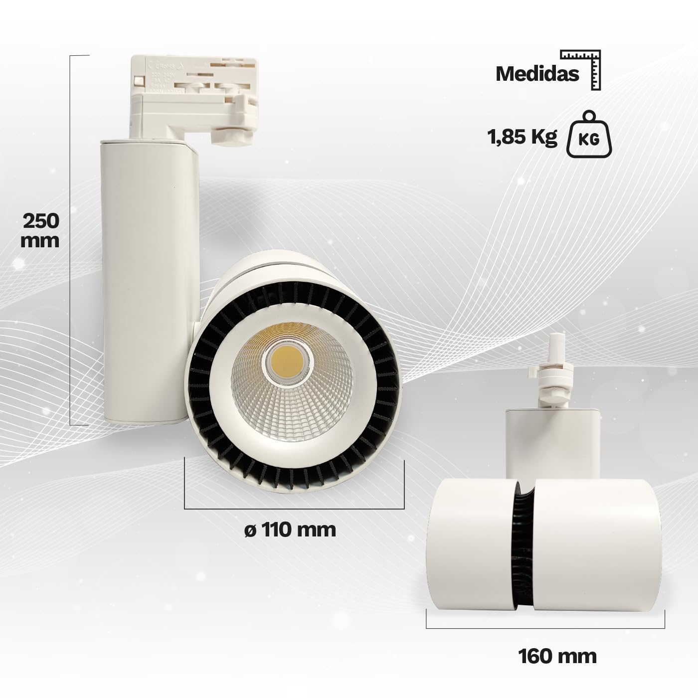 Foco de Carril LED COB Trifásico 42W Blanco – 5148 Lm – 4000 K – IP20 – Pack 2 Unidades