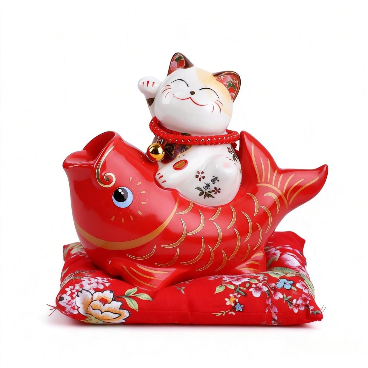 Maneki Neko Lucky Cat Ceramic Piggy Bank Feng Shui 7.3in Porcelain Figurine