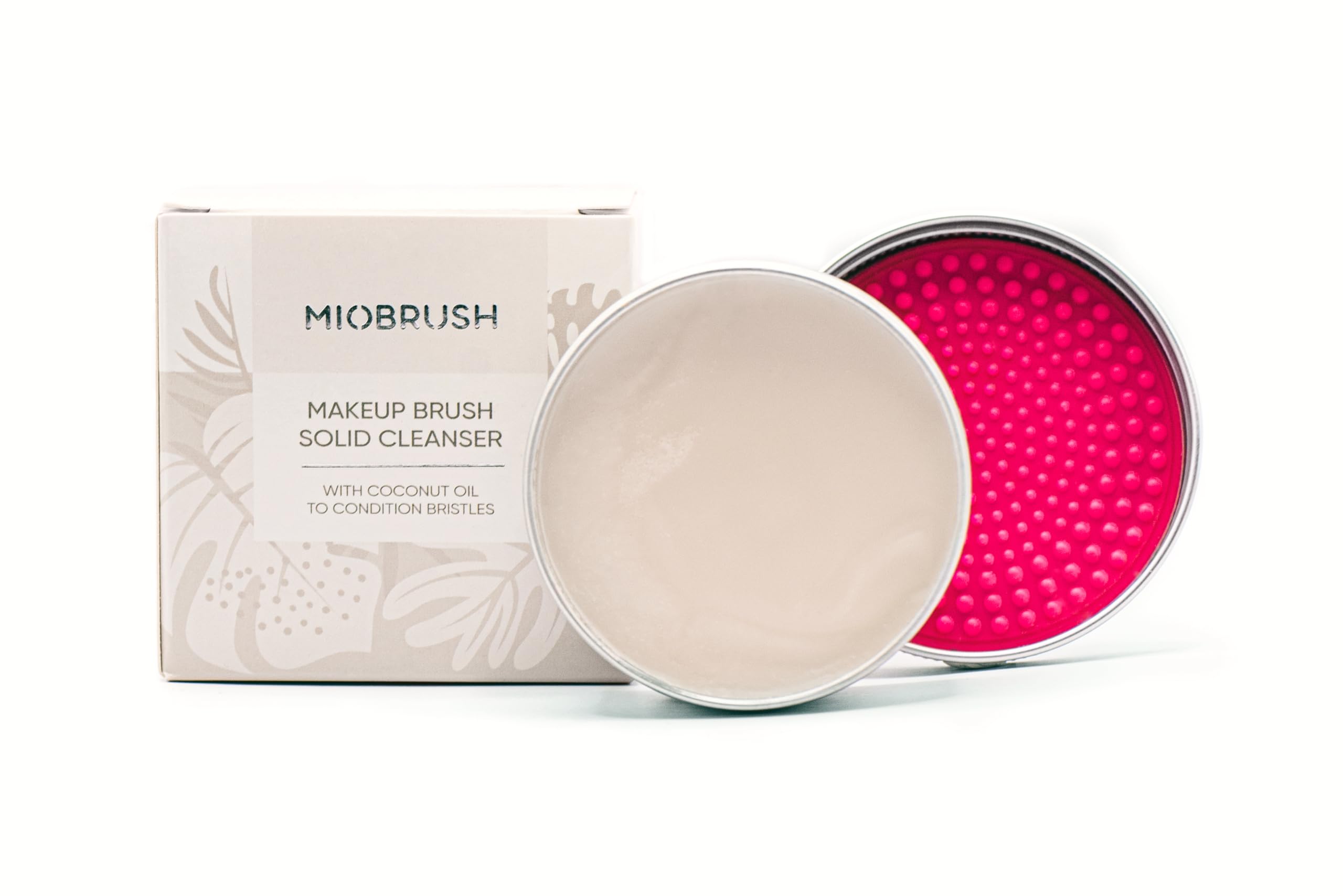 Miobrush Pulisci Pennelli Make Up Solido con Olio di Cocco - Sapone Detergente Profondo con Spugna Scrub Testurizzato, Ammorbidisce Delicatamente le Setole - Confezione Compatta da Viaggio - 50g