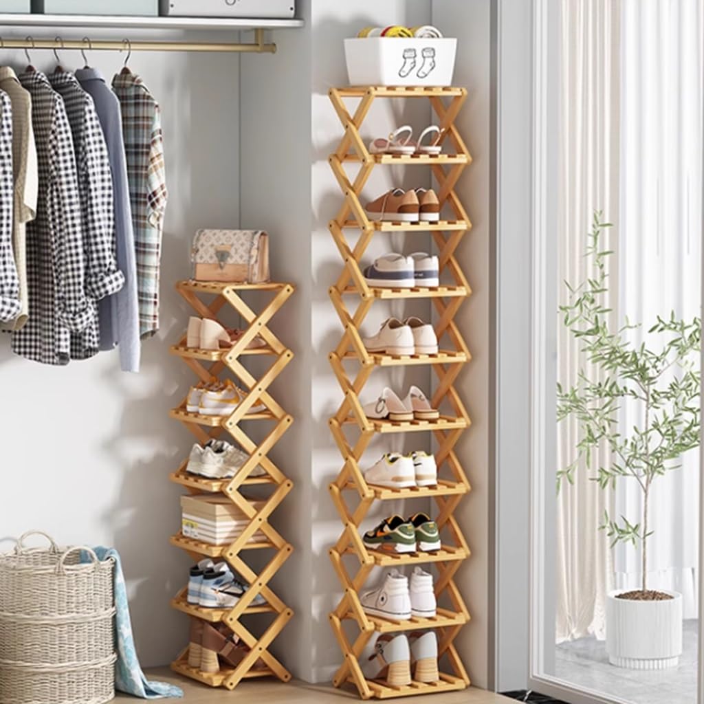 Zapatero 5-9 Niveles, Organizador Zapatos Bambú Plegable Varios Niveles, Zapatero Pie para Almacenamiento Multifuncional, Zapatero Sencillo para Puertas Estrechas Pequeñas(9layers)