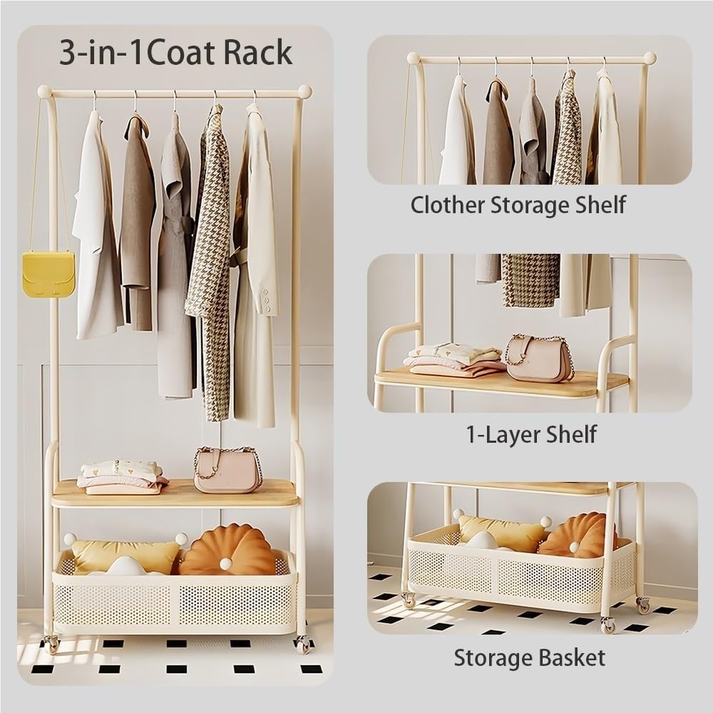 Home Furnishing Coat Rack with Wheels Rolling Hall Tree with Storage Shelf Metal Clother Rack with Storage Basket Modern Metal Coat Racks for Living Room Entryway(White,CH)