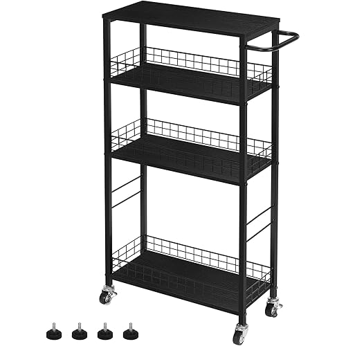 Slim Storage Cart Kitchen Rolling Utility Cart on Wheels 4 Tier Mobile Narrow Cart with Wood and Metal Handle Slide Out Storage Shelving Unit Cart for Kitchen Living Room Laundry Small Places Black