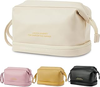 Aogist Large Makeup Bag, Double Layer Cosmetic Travel Bag, Waterproof Leather Makeup Bag for Women and Girls, Travel Makeup Organizer Bag Portable Leather Toiletry Bag, Roomy Cosmetic Travel Bag, White, Large Leather Makeup Bag