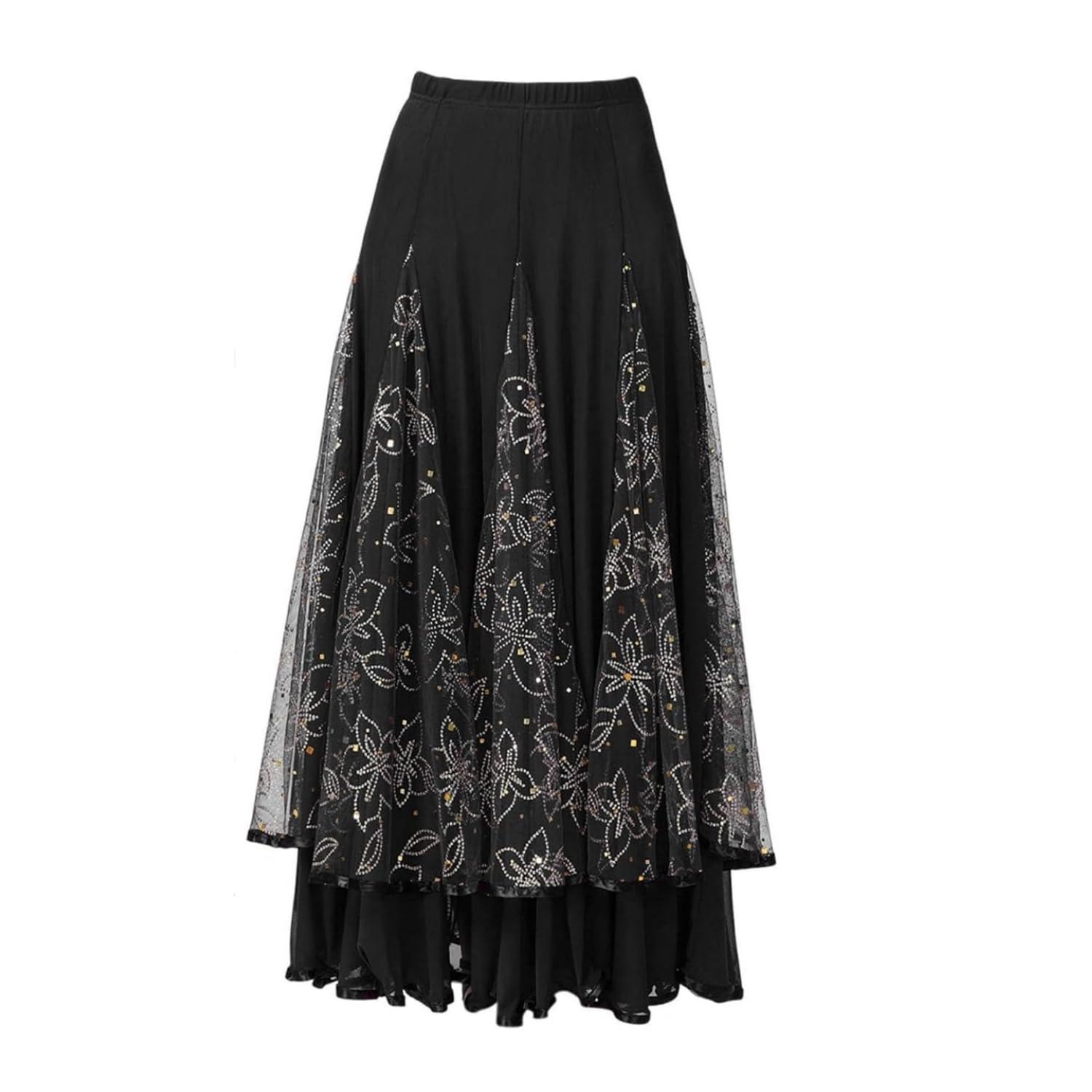 Eleganter, glitzernder Blumenrock, Ballsaal, Tanz, Latein-Tanz, Party, langer Swing-Rock, Vollkreis-Rock, Bauchtanzrock, Rüschenrock, Pailletten-Mesh-Rock, Walzer, Tango-Kleid für Damen