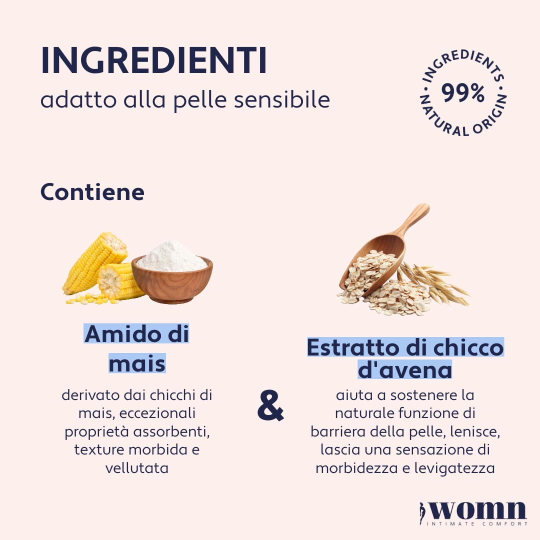 womn Dry & Fresh Powder 100 g – Polvere Corpo Senza Talco per Zona Intima, Inguine e Sotto il Seno – Assorbe il Sudore, Riduce Sfregamenti e Odori