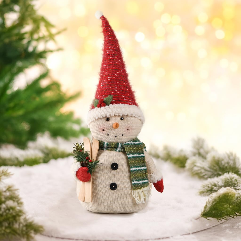 2025 Christmas Snowman Decorations with Adjustable Red Hat, Xmas Handmade Plush Snowman Ornaments for Indoor, Home, Bedroom Living Room and Holiday, Present for Family and Friends